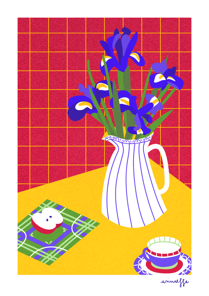 Digital still life illustration of irises on a table with a tea cup. The style is vibrant, geometric, and lively. Designed by annaeffe illustrator.