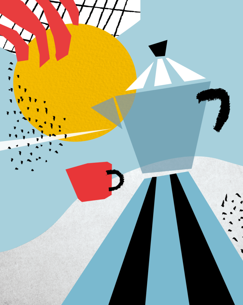 Digital illustrations designed to decorate home kitchens. The scenes are modern and dynamic, featuring coffee, wine, and tea as the protagonists of these vibrant, contemporary still lifes. Designed by annaeffe illustration.