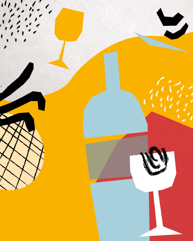 Digital illustrations designed to decorate home kitchens. The scenes are modern and dynamic, featuring coffee, wine, and tea as the protagonists of these vibrant, contemporary still lifes. Designed by annaeffe illustration.