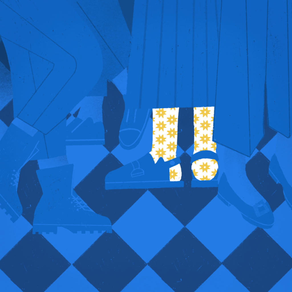 This digital illustration for the Cose Belle Contest explores the theme of lightness. It depicts a crowd from a low angle, showing only a tangle of feet and ankles in monochrome. Amidst this uniformity, one person stands out with colorful, joyful socks, symbolizing their unique way of embodying lightness. Designed by annaeffe illustration. 