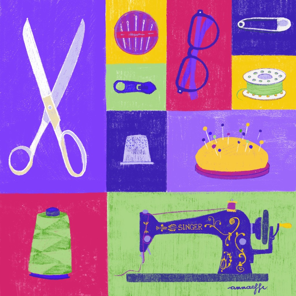 This digital illustration captures a cherished memory of my grandmother. It features a table with a Singer sewing machine and all the tailoring tools she used. The illustration is created in a modern, vibrant style. Designed by annaeffe illustration.