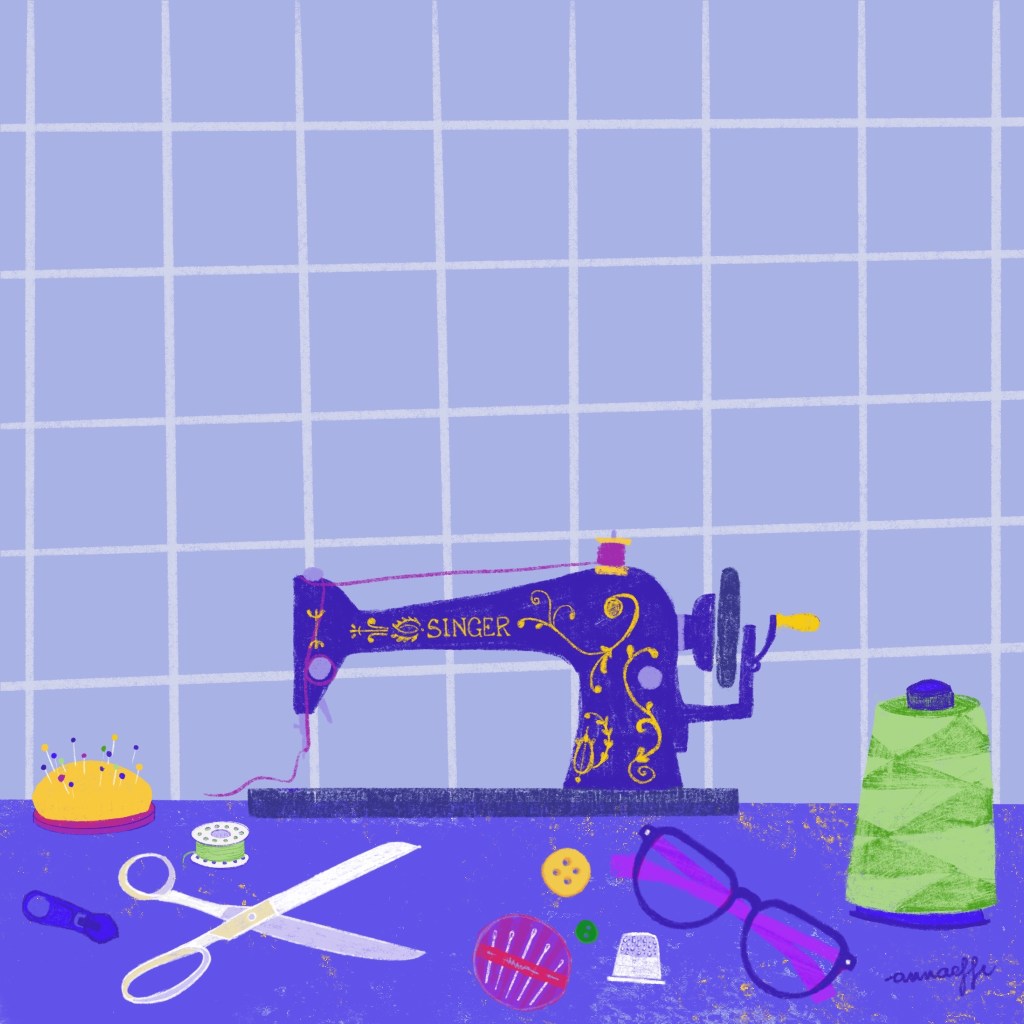 This digital illustration captures a cherished memory of my grandmother. It features a table with a Singer sewing machine and all the tailoring tools she used. The illustration is created in a modern, vibrant style. Designed by annaeffe illustration.