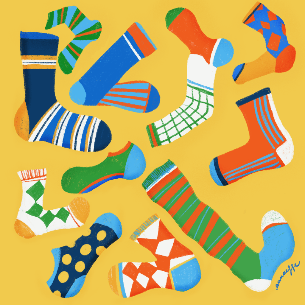 This digital illustration, created for Odd Socks Day, celebrates the value of diversity among people. It features colorful and mismatched socks in dynamic and modern poses. Designed by annaeffe illustration.