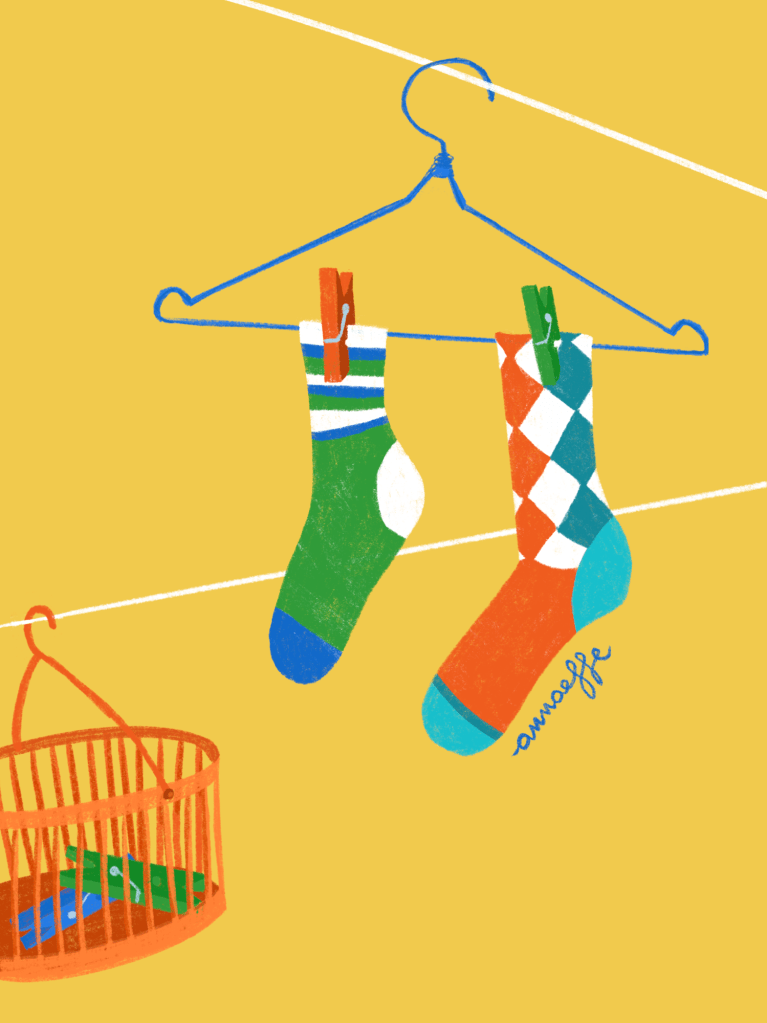 This digital illustration, created for Odd Socks Day, celebrates the value of diversity among people. It features colorful and mismatched socks in dynamic and modern poses. Designed by annaeffe illustration.