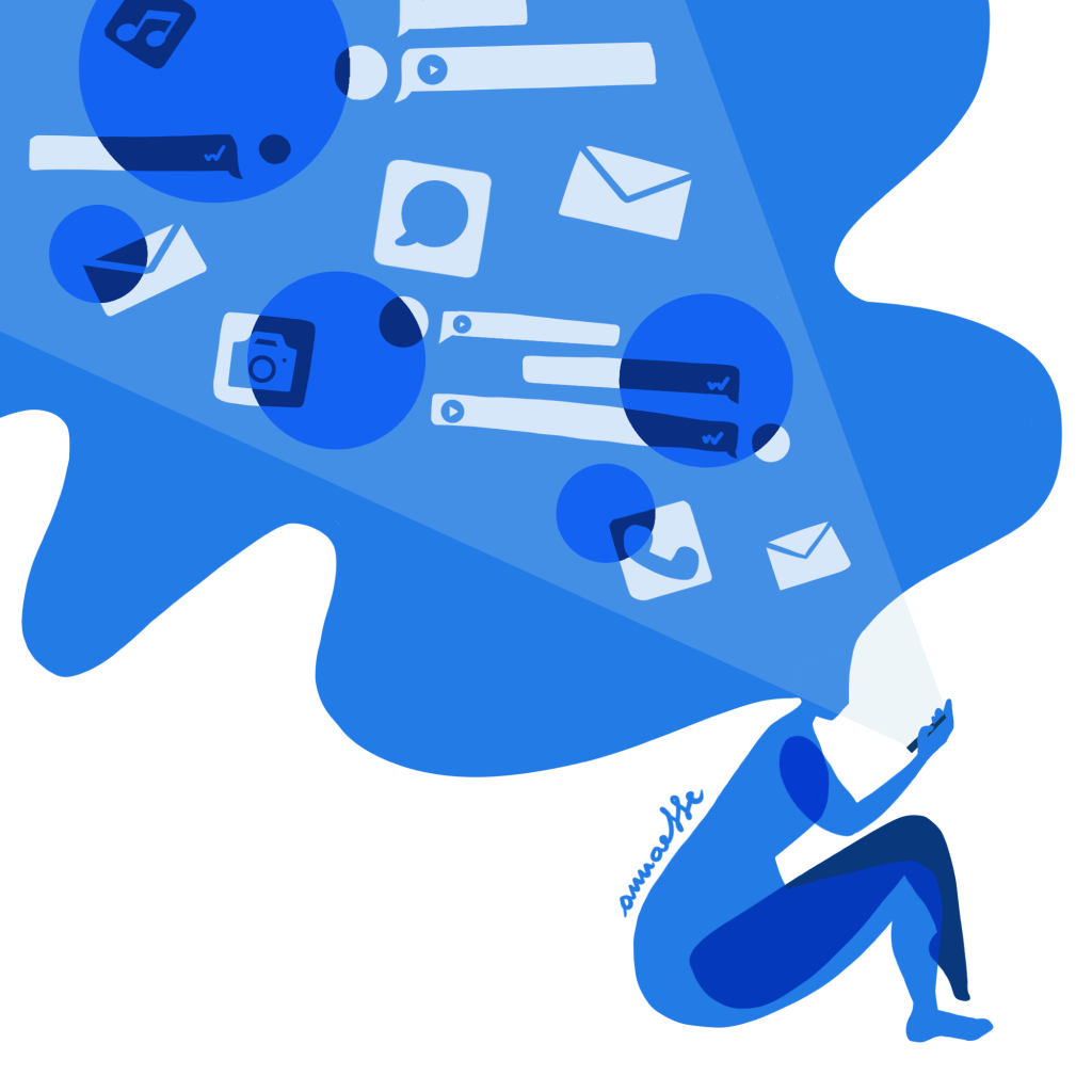 This digital illustration depicts silhouettes of women in shades of blue. The artwork is modern and has a somewhat dreamy atmosphere. Designed by annaeffe illustration.