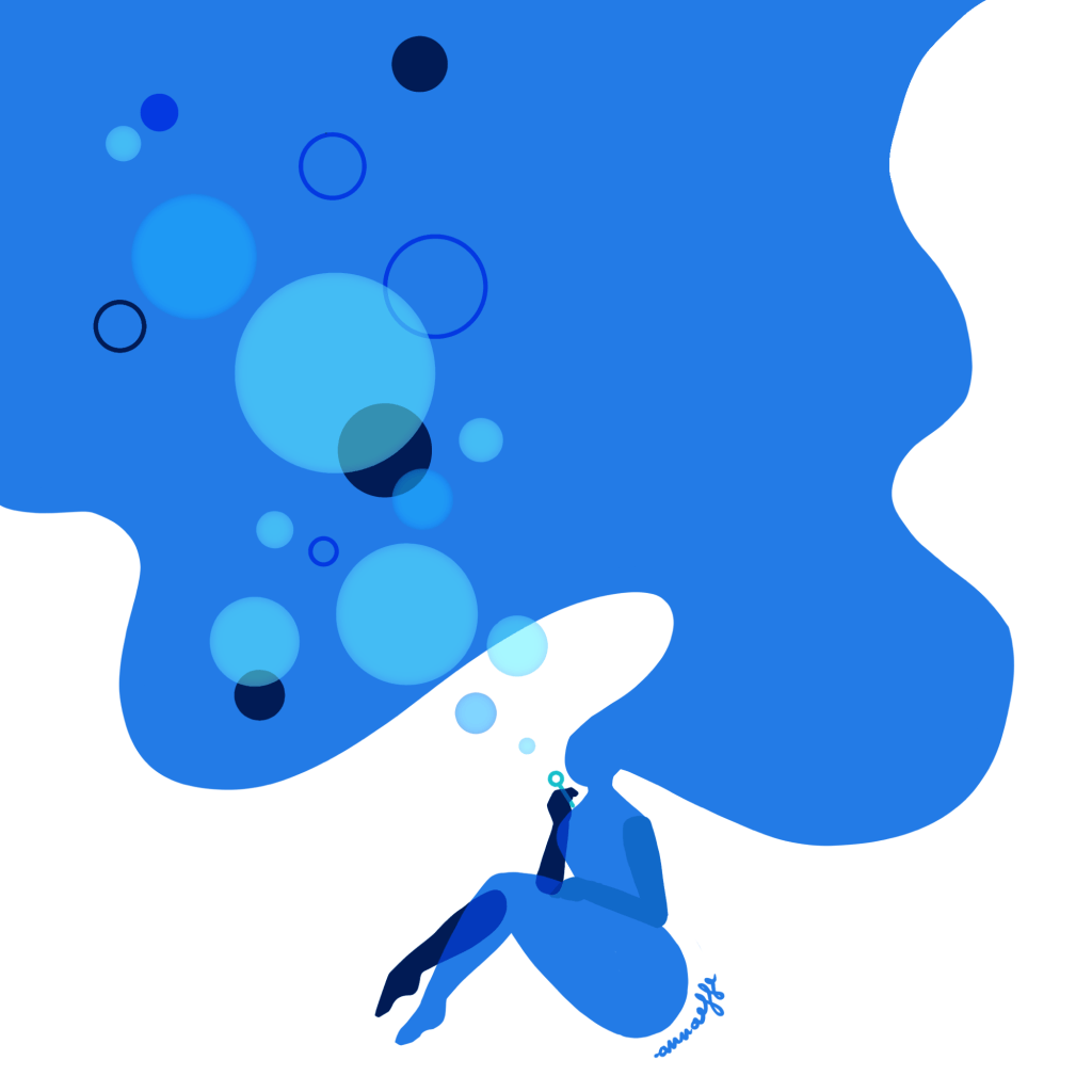 This digital illustration depicts silhouettes of women in shades of blue. The artwork is modern and has a somewhat dreamy atmosphere. Designed by annaeffe illustration.