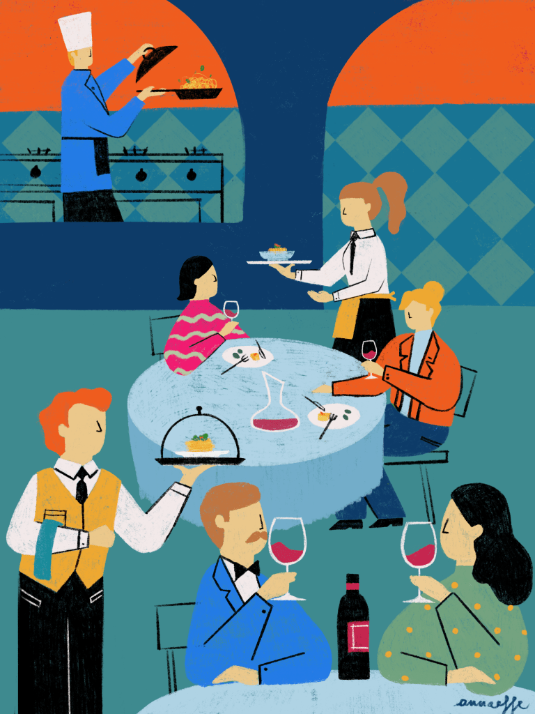 Digital and modern illustration that shows a scene of an elegant restaurant where culinary art merges with the sophistication of the environment. In the background, the kitchen is a hub of frenetic activity, with the head chef personally overseeing every detail. Designed by annaeffe Illustration.