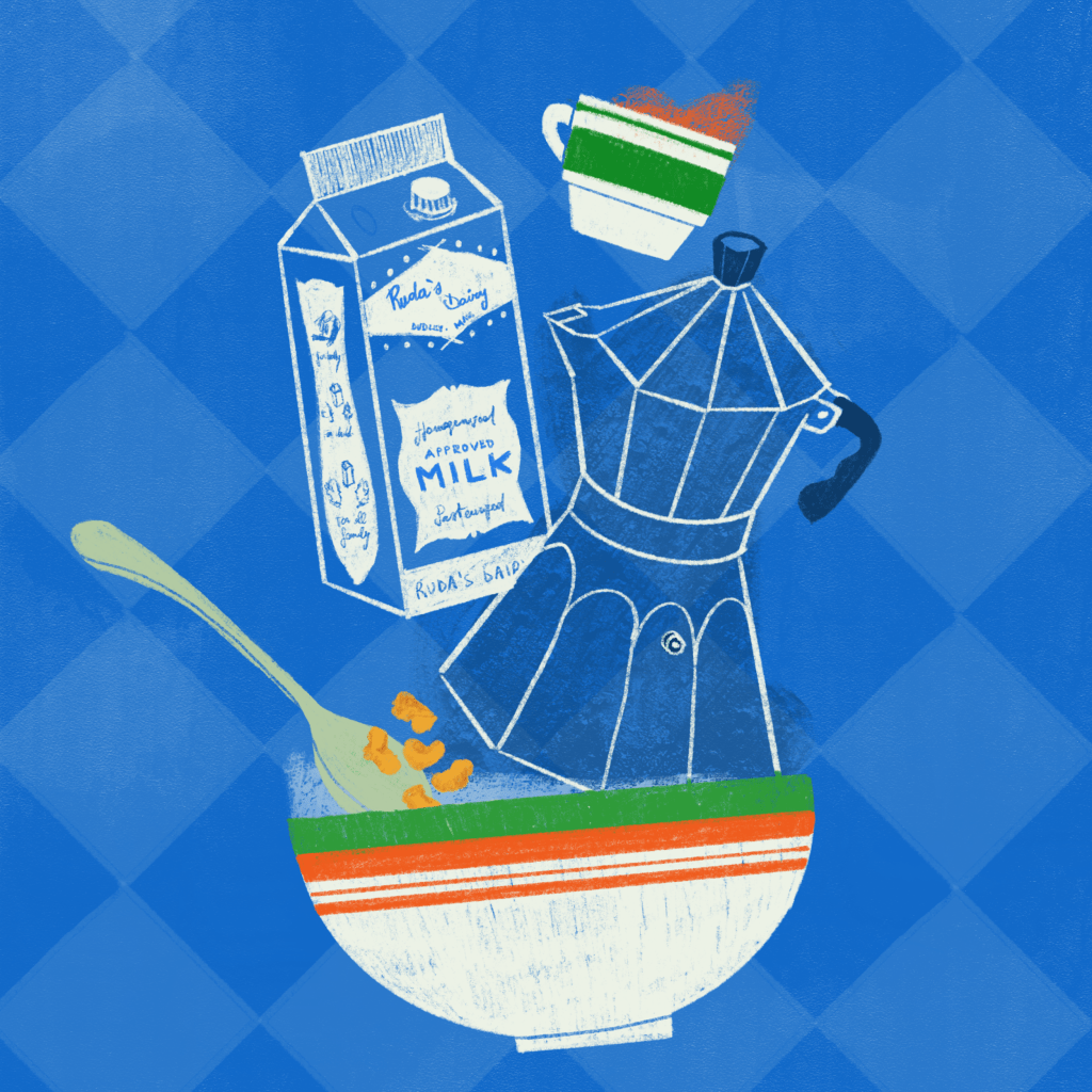 A collection of digital illustrations whose subject is the 3 main meals of the day: breakfast, lunch and dinner. 
The composition is dynamic, the elements seem to be thrown into the air because we have little time to consume them. 
A modern composition, a way to express the frenetic life of our life. Designed by annaeffe illustrator.