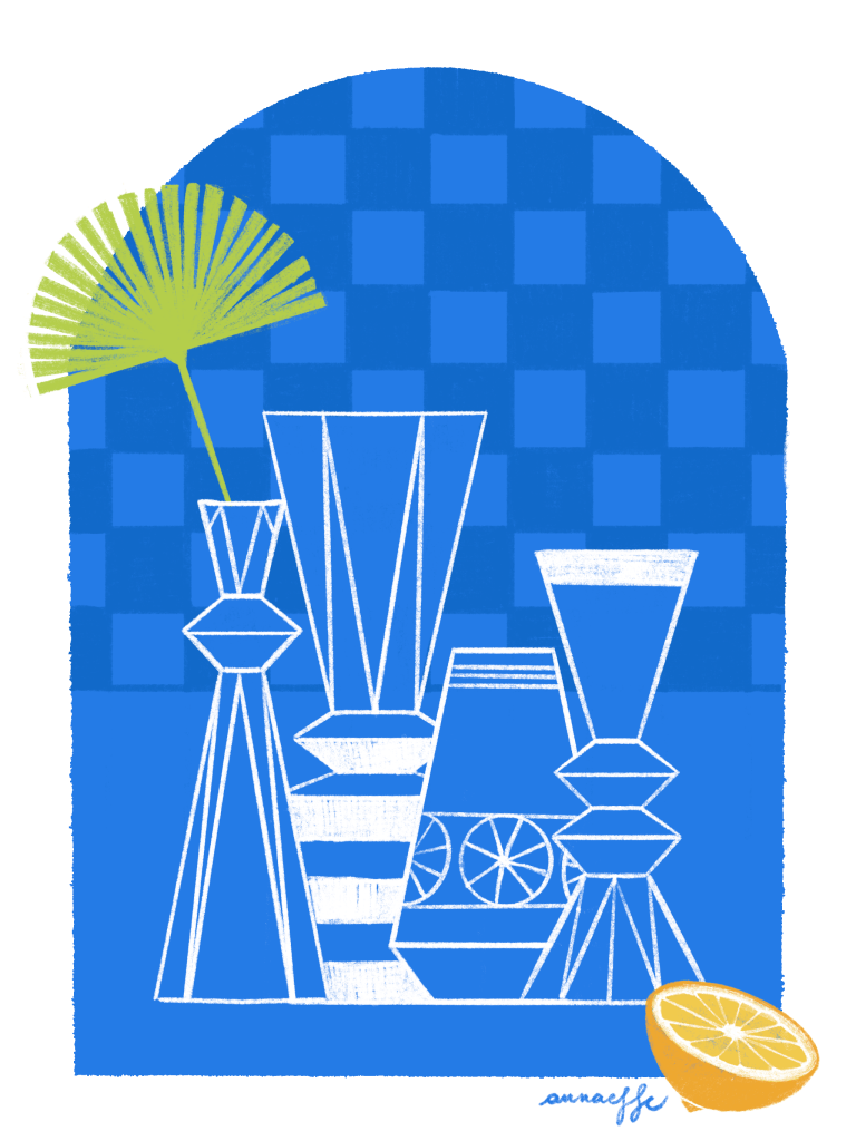 Digital illustration created for a personal project, focusing on geometric shapes, vessels, and small, colorful elements with a touch of the exotic. The aesthetic combines a metaphysical style with a modern twist. Designed by annaeffe illustrator.