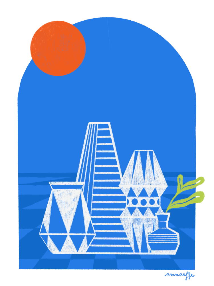 Digital illustration created for a personal project, focusing on geometric shapes, vessels, and small, colorful elements with a touch of the exotic. The aesthetic combines a metaphysical style with a modern twist. Designed by annaeffe illustrator.