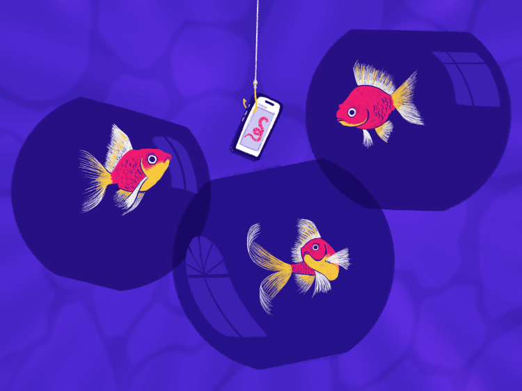 The illustration depicts three brightly colored fish, each within its own glass bowl, symbolizing how each of us lives inside our own "bubble" of beliefs. The fish are observing a hook which, instead of having a traditional bait, holds a smartphone. On the screen, the real bait is depicted.
The fish, intrigued by the smartphone, represent our attraction and dependence on digital devices, which offer us a filtered and often distorted view of reality. The illustration criticizes the pervasive influence of the media and our tendency to live in self-referential bubbles, exposing the disconnection between tangible reality and the one perceived through screens. Designed by annaeffe